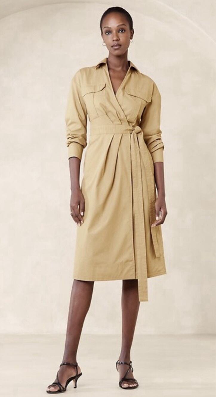 Banana Republic Khaki Poplin Cotton Shirt Dress Utility Belted Size Large
